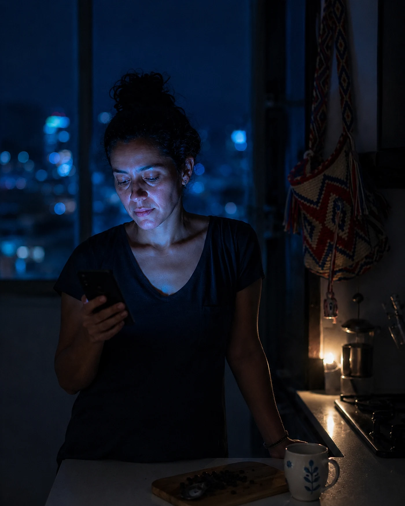 Mujer enviando plata a su familia desde el celular en la noche