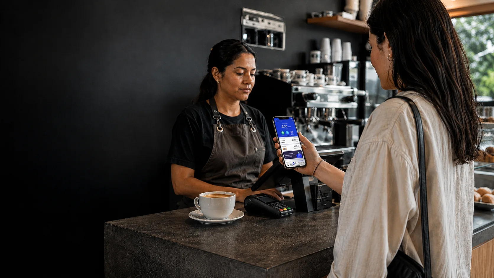 Clienta pagando con la app vurelo en una cafetería